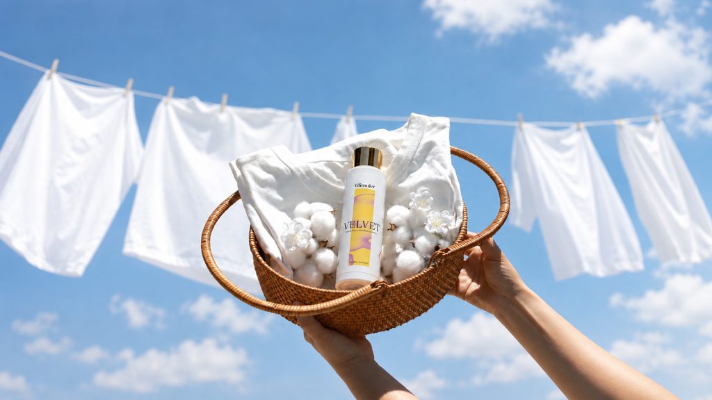 Glimmier laundry parfume bottle with fresh towels near washing machine