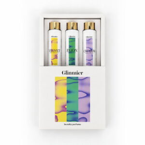 Geopende Glimmier geschenkset doos met drie wasparfum flessen